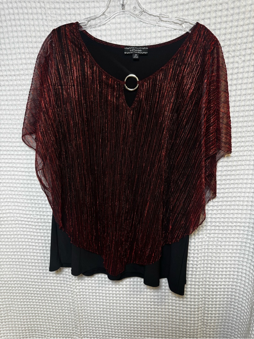 Avenue Red Metallic Overlay Tunic with Ring Accent, Size 2X